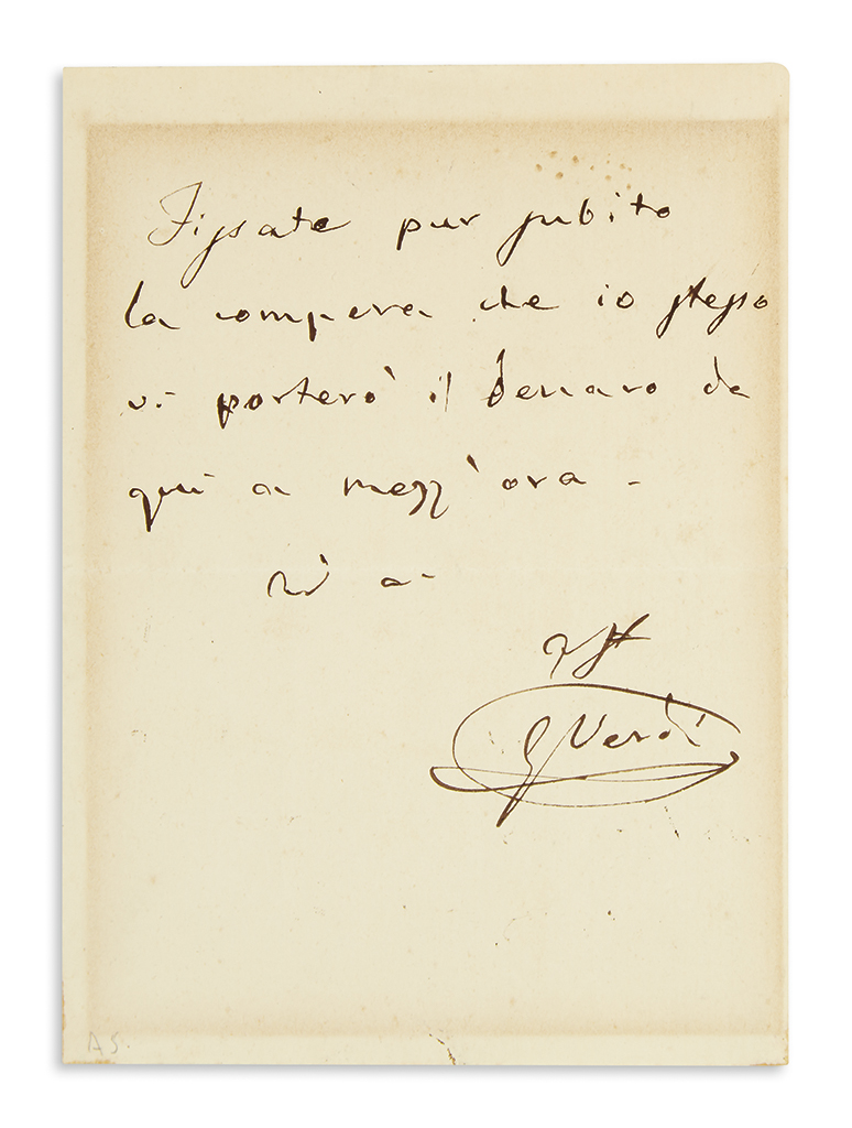 VERDI, GIUSEPPE. Autograph Note Signed, GVerdi, to an unnamed recipient, in French: